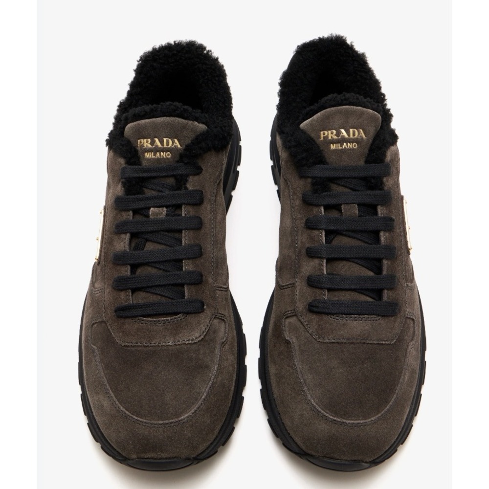 Prada Suede Shearling 2EE364 Sneakers Gray Black Triangle Logo Low tops 8.5 UK